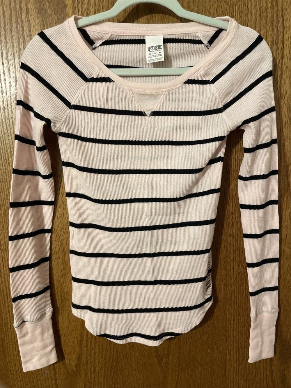 Victorias Secret PINK Waffle Knit Long Sleeve T Shirt Black Stripe Pink XS